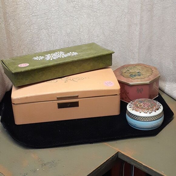 Vintage Farrington MCM jewelry box, MCM stationary box, 2 vtg. tins - Picture 1 of 16